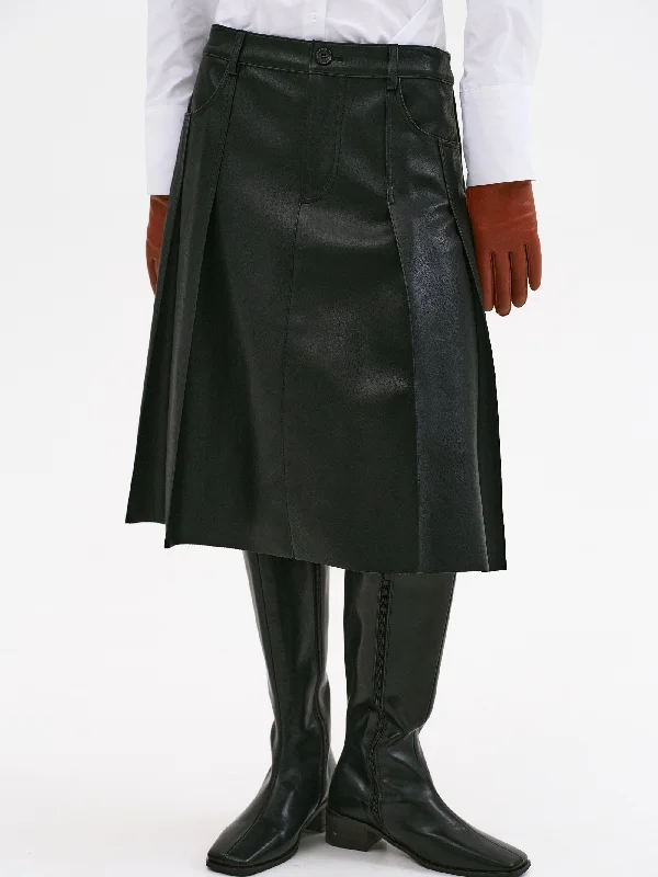 Faux Leather Pleated Skirt, Black