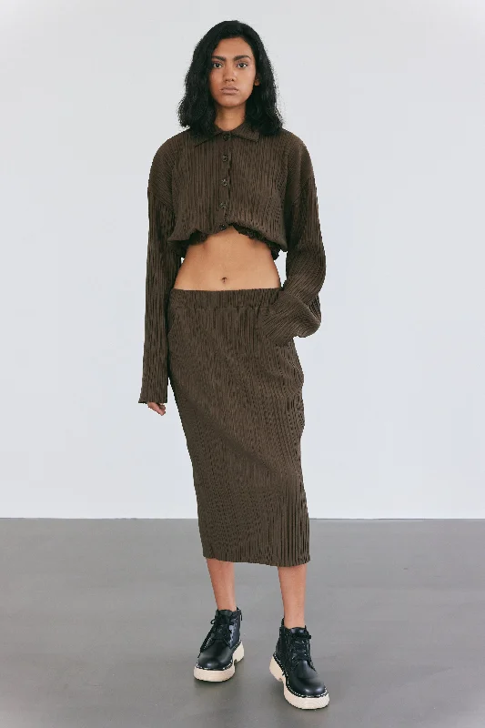 Plissé Midi Skirt, Coffee Bean