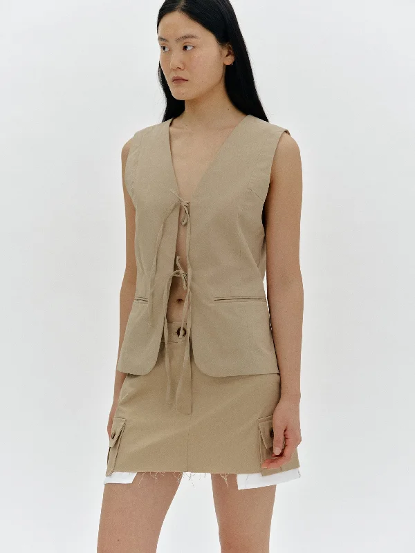 Tie-Up Poplin Top, Beige