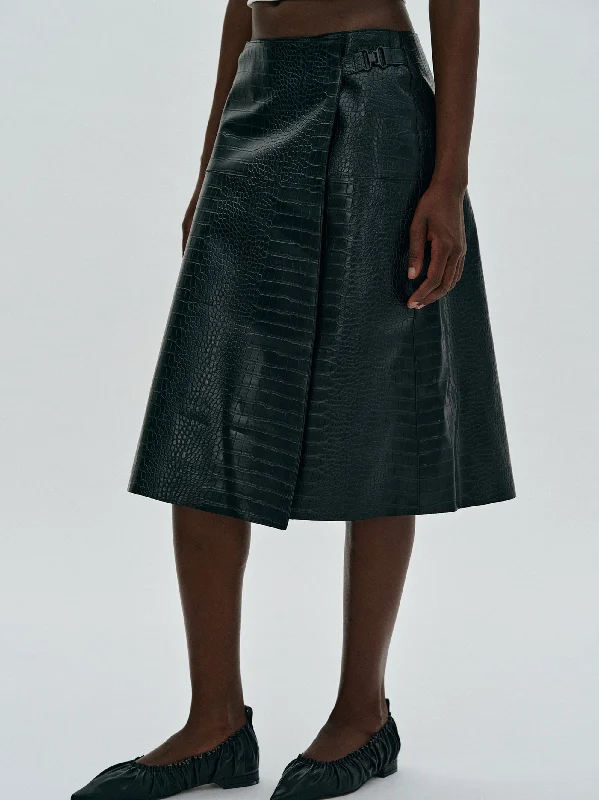 Vegan Leather Buckle Skirt, Black