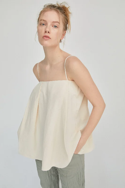 Voluminous Thin Strap Pleated Top, Ivory