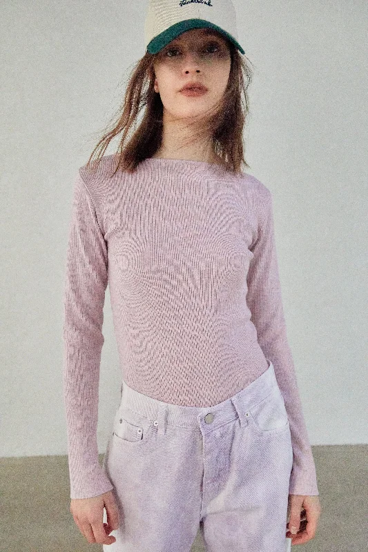 Boat Neck Ribbed Knit Top, Lavender Melange