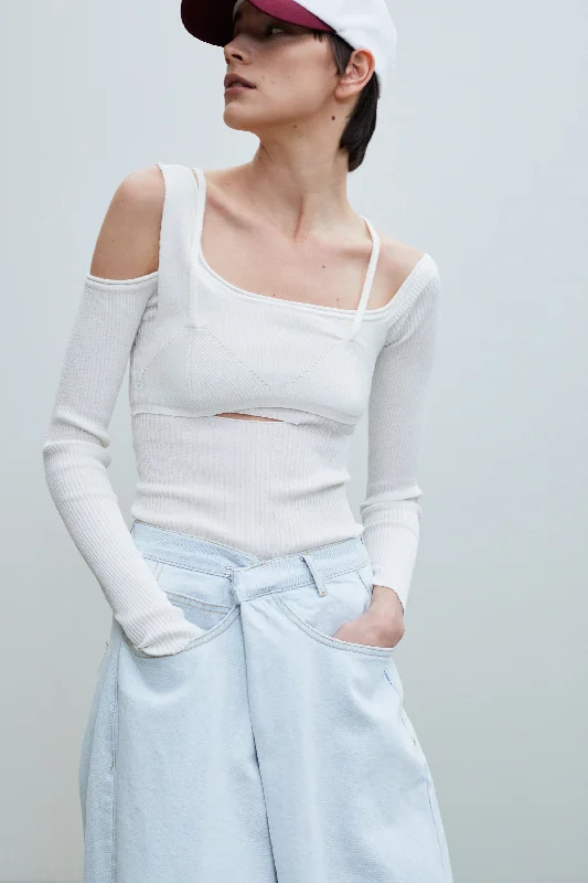 Layered Bra And Ribbed Knit Top, White