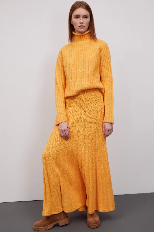 Roll Neck Rib Sweater And Knitted Maxi Skirt Set, Tangerine