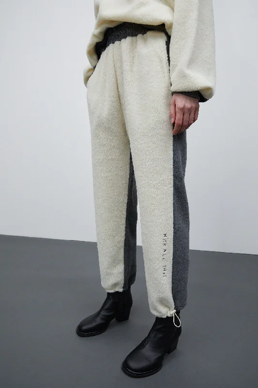 Embroidered Lettering Shearling Sweatpants, Cream & Grey