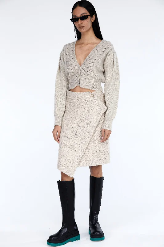 Button Wrap Cable Knit Skirt, Sand Dune