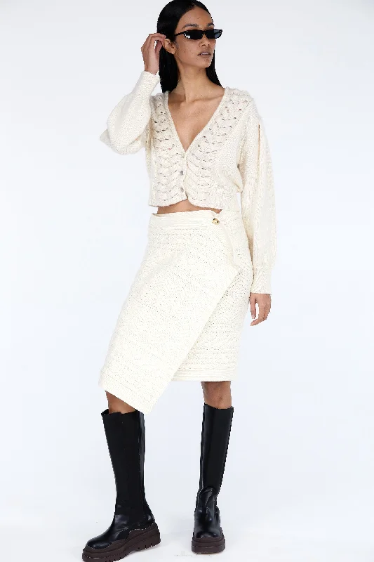 Button Wrap Cable Knit Skirt, Ivory