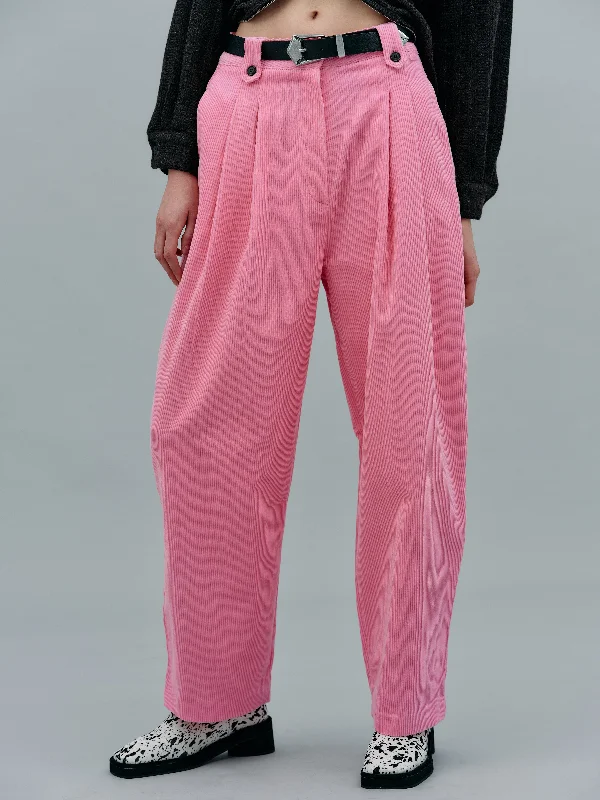 Double Pleat Belted Corduroy Pants, Pink