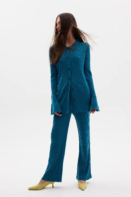 Flowy Rib Knit Cardigan & Pants Set, Bondi Blue