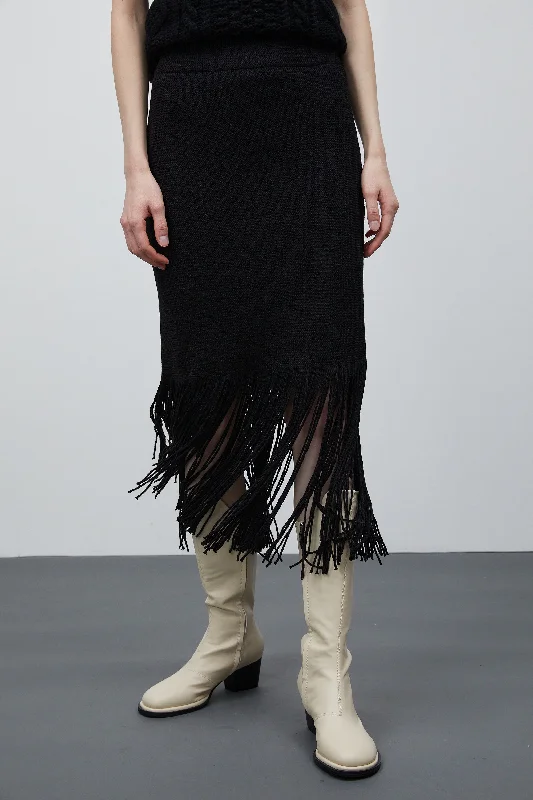 Fringe Knit Skirt, Black