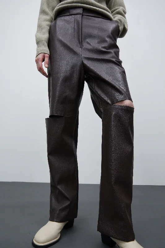 Knees Slit Leather Trousers, Dark Brown