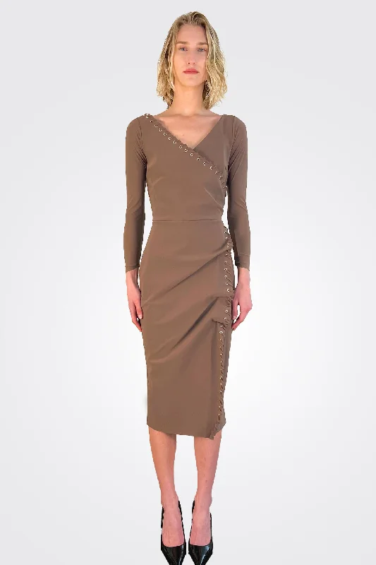 Elma Long Sleeve Faux Wrap Cocktail Dress - Cafe Au Lait