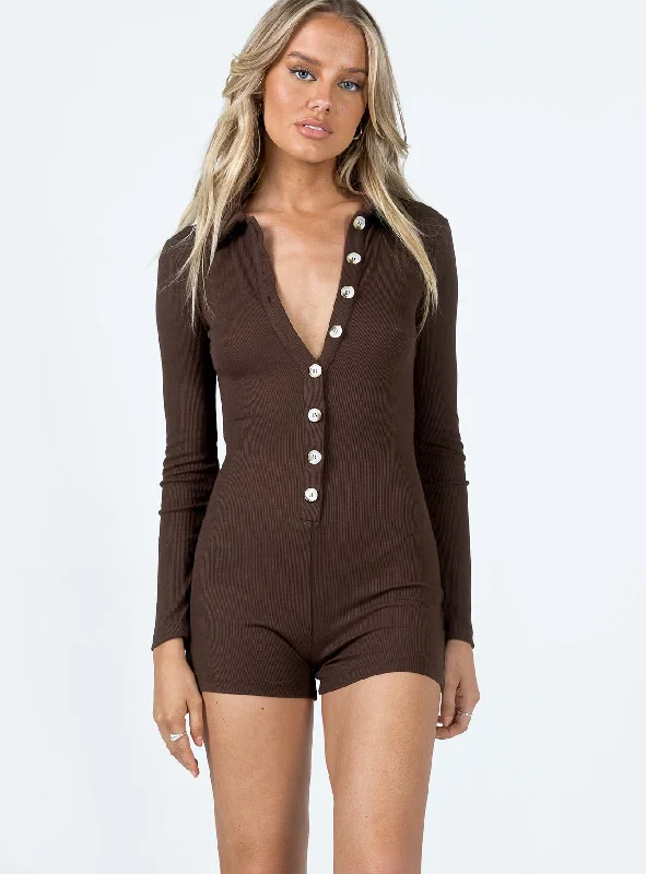 Susie Long Sleeve Romper Brown