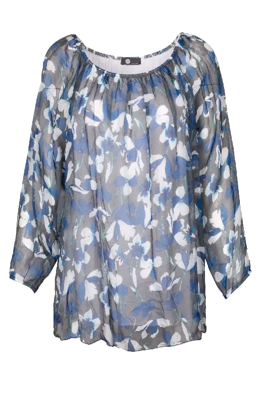 M Made in Italy - Long Sleeve Floral Silk Blouse Plus Size