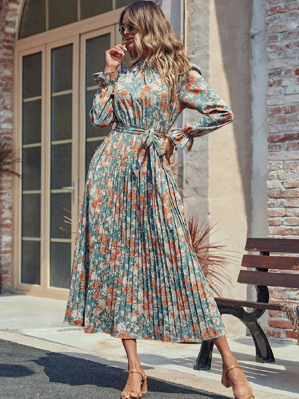 Perfee Tied Pleated Printed Mock Neck Long Sleeve Dress