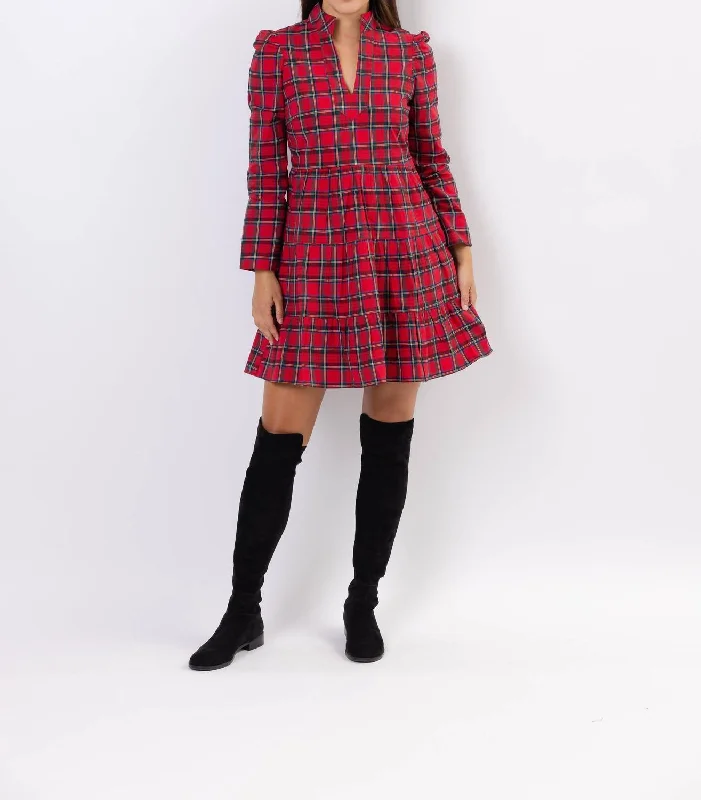 Tartan Long Sleeve Dress In Red Plaid Multi