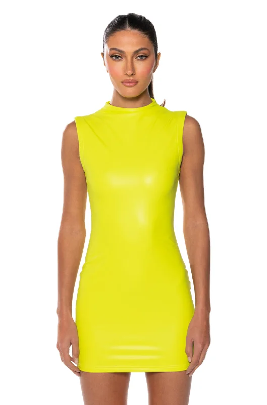 ULTRA LUX FAUX LEATHER MOCK NECK MINI DRESS IN LIME GREEN