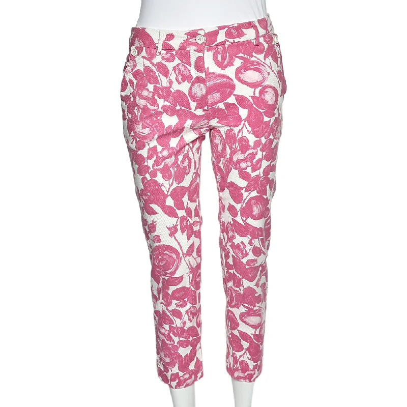 Dolce & Gabbana Pink Floral Printed Textured Cotton Tapered Leg Pants