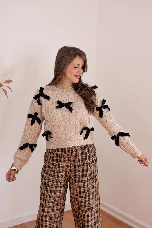 Cable Knit Bows Oatmeal Sweater