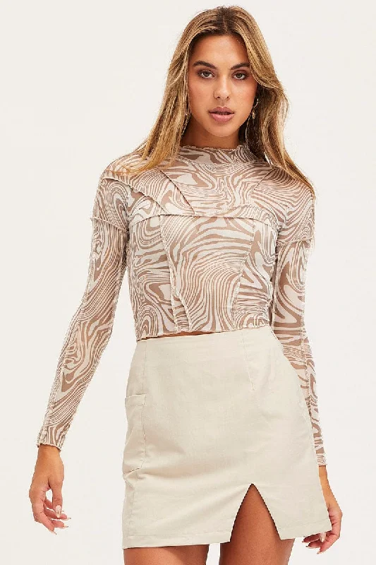 Marble Print Top Long Sleeve Midriff Mesh