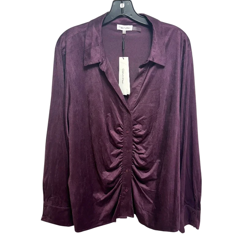 Stretch Faux Suede Ruched Top Long Sleeve By Calvin Klein In Purple, Size: 3x